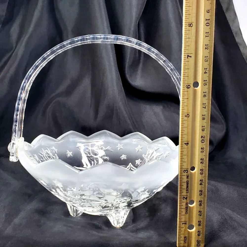 VTG Mikasa Christmas Santas Flight Glass Handled Basket Collectible Holiday Deco